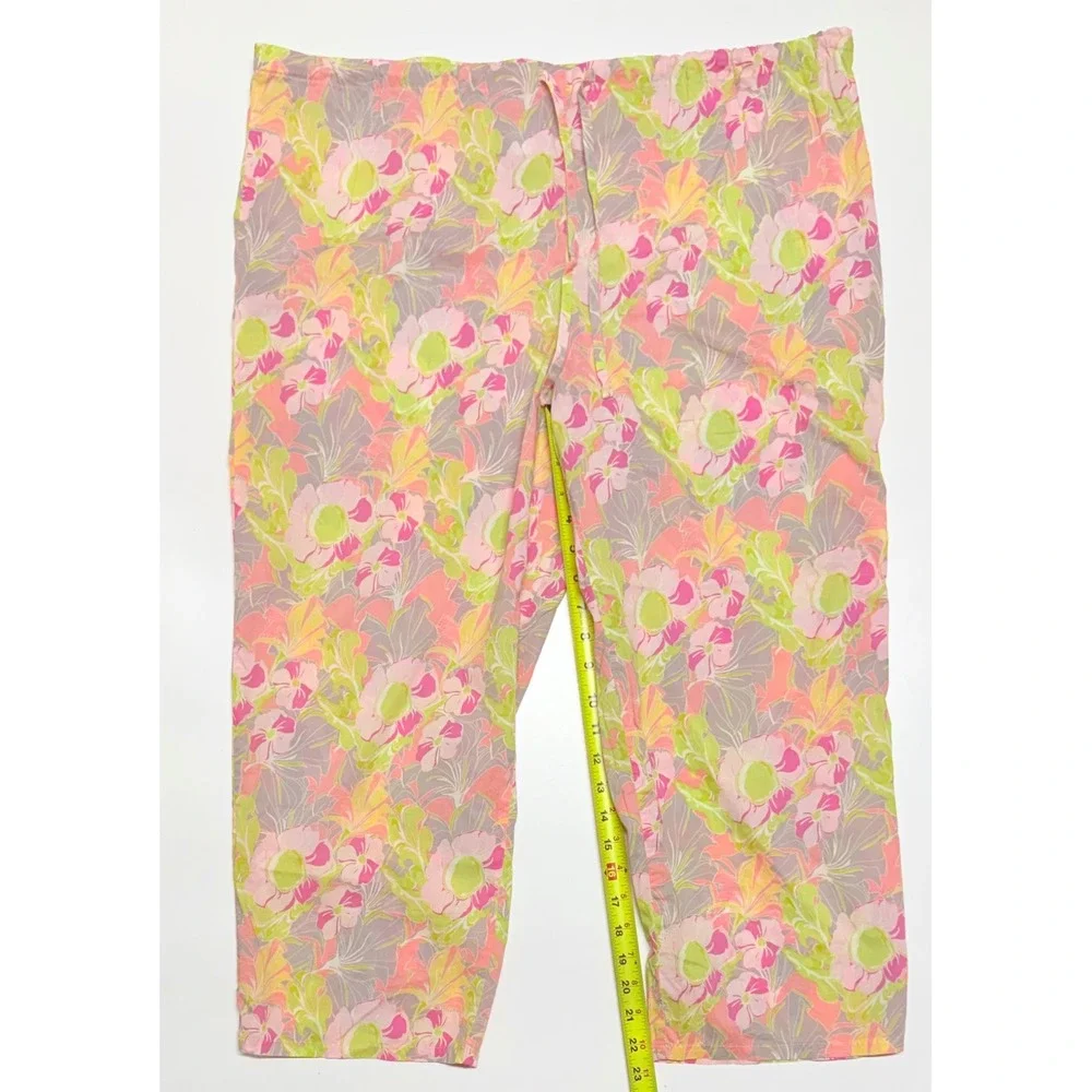 The Cat's Pajamas Pink Green Floral Cotton Pajama Set Large Short Sleeve Crop